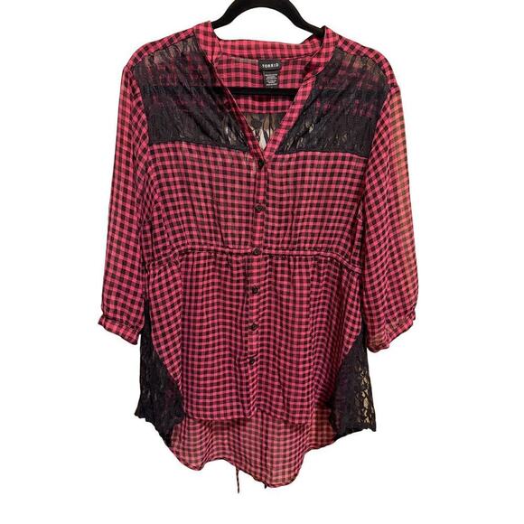 torrid Tops - Torrid Women's Pink Black Gingham Tie Back Lace Trim Sheer Boho Top Size 0 Large